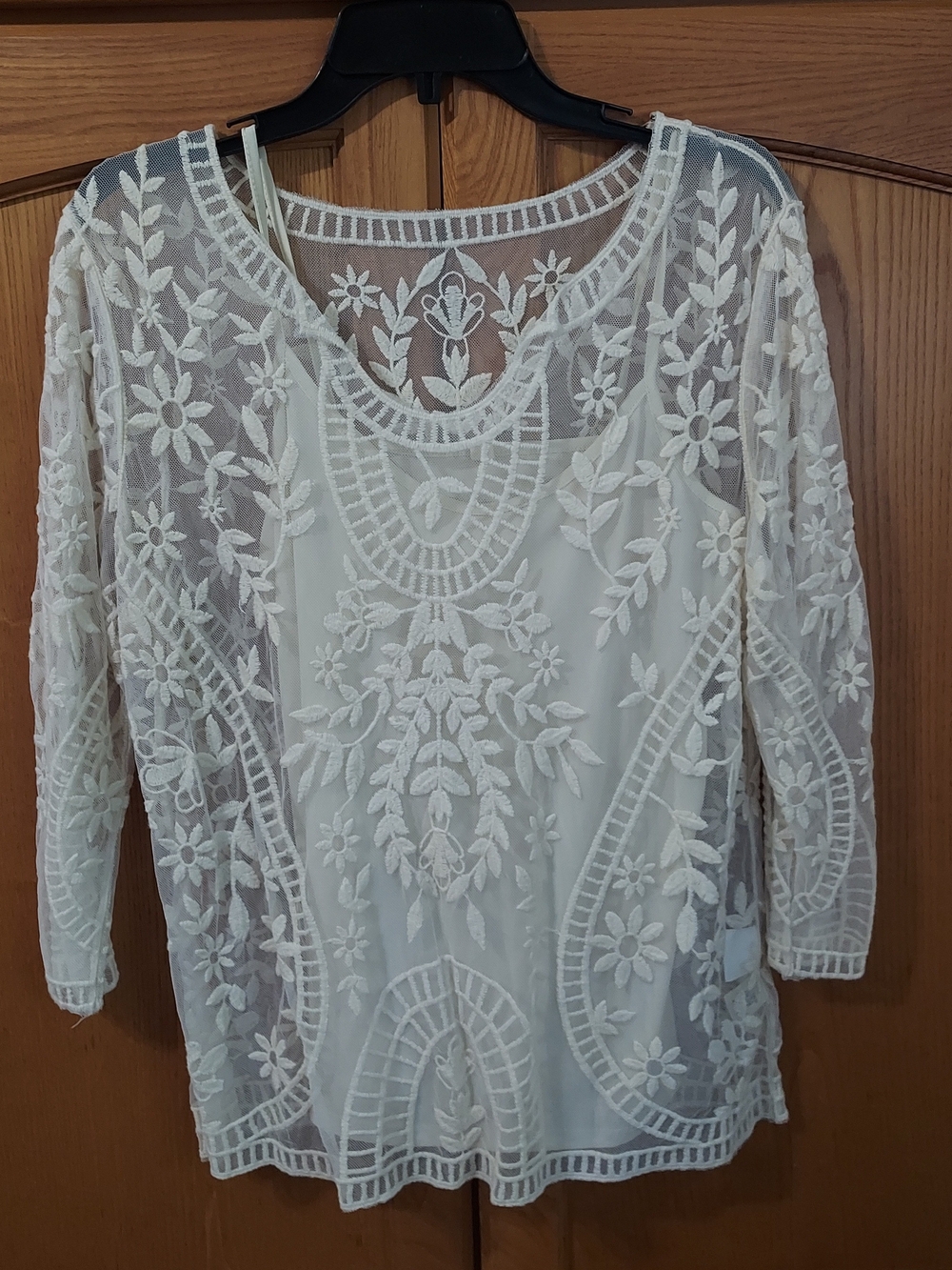 San Tropez West Women’s Ivory Embroidered Sheer Top, with cami, size medium